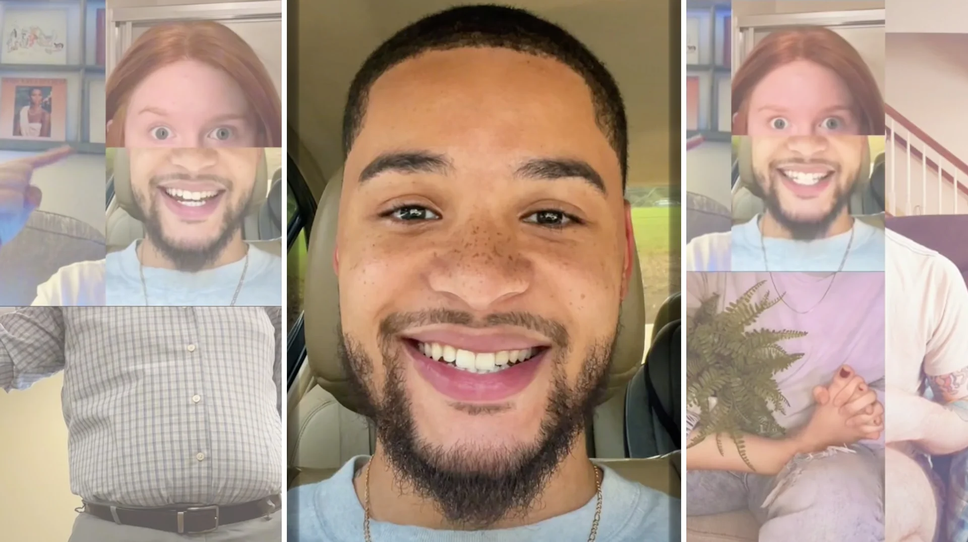 Enoch J TikTok Duets — Collage of Enoch J smiling in a car with two duet reactions placing his face on other TikTokers' bodies.