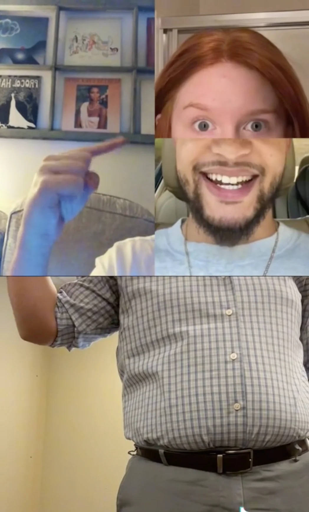 Enoch J TikTok Duets — Enoch J's face edited onto a person in a plaid shirt pointing at vinyl records next to a red-haired figure.