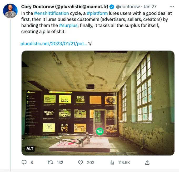 Tweet by Cory Doctorow explaining the enshittification platform cycle, with an image of a decaying room overlaid with the Spotify interface.