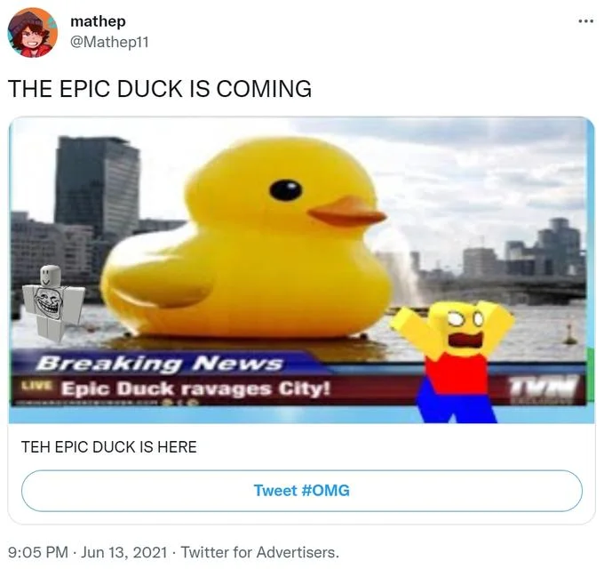 Epik Duck — Tweet with fake news broadcast image of giant Epic Duck attacking a city