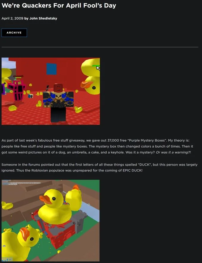 Epik Duck — Screenshot of 2009 Roblox blog post about the Epic Duck April Fools event