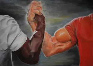Epic Handshake painting with taller aspect ratio showing complete muscular arms in handshake.