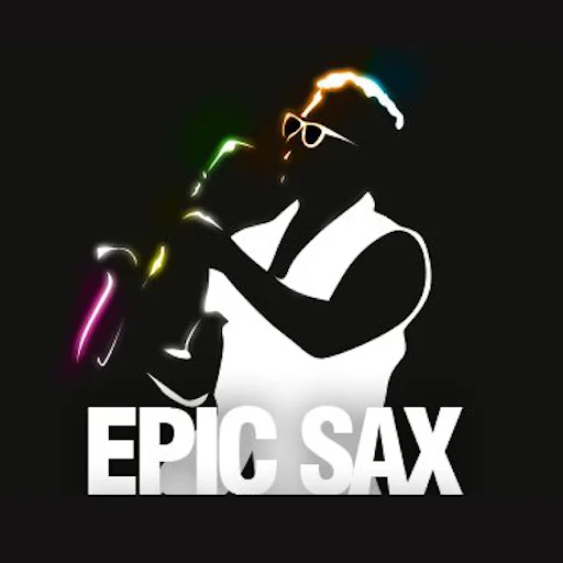 Neon silhouette artwork of Epic Sax Guy playing saxophone with the caption EPIC SAX