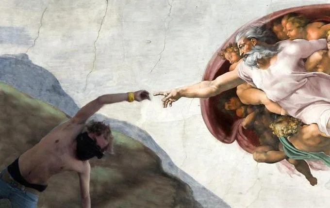 Er Pelliccia — Parody of Michelangelo's Creation of Adam with fire extinguisher replacing divine gesture.
