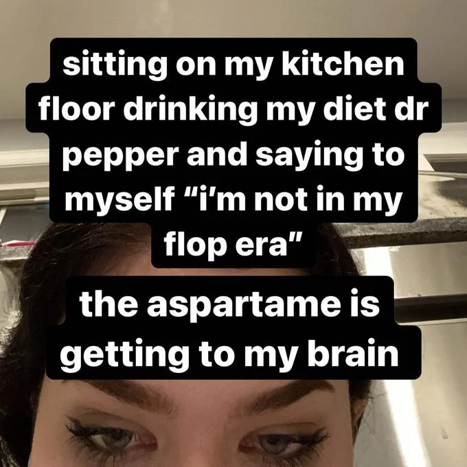 Photo about sitting on kitchen floor with diet soda claiming denial of flop era.