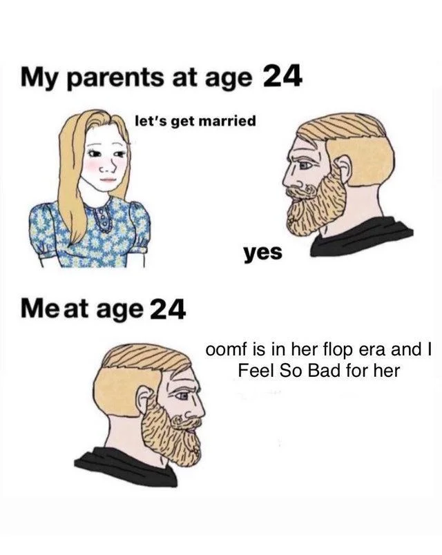Comparison of parents marrying at 24 versus friend's flop era at same age.
