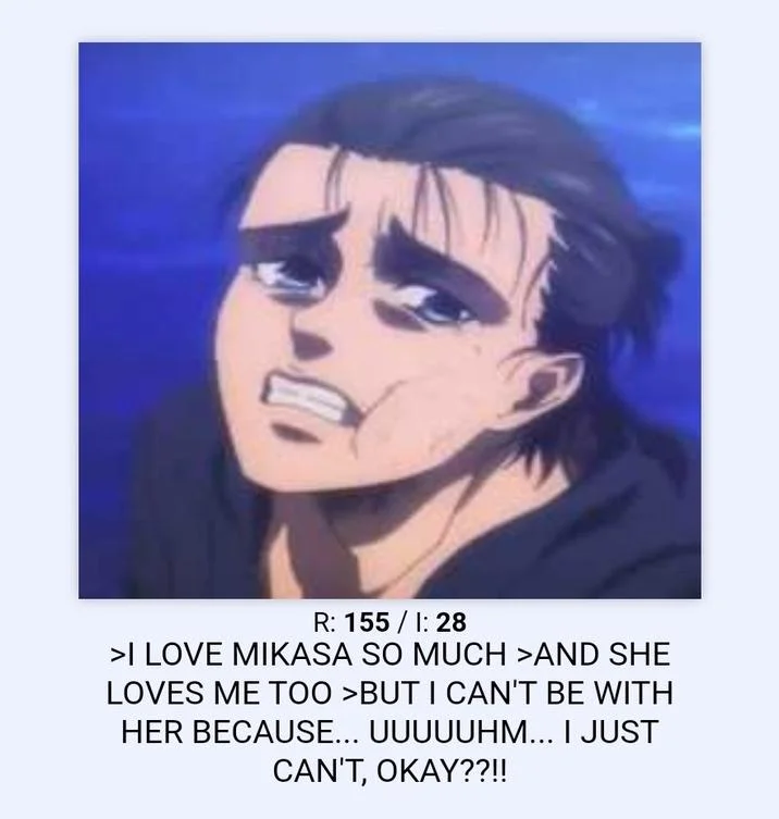 Eren Crying — 4chan greentext post mocking Eren's confession with crying Eren screenshot.