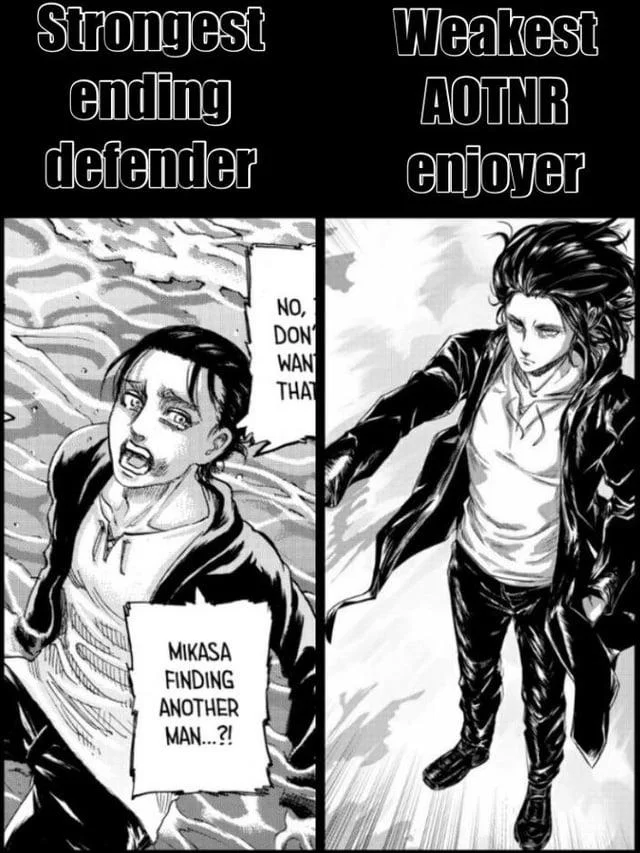 Eren Crying — Virgin vs chad style meme using Eren's confession panel labeled 'Strongest ending defender'.