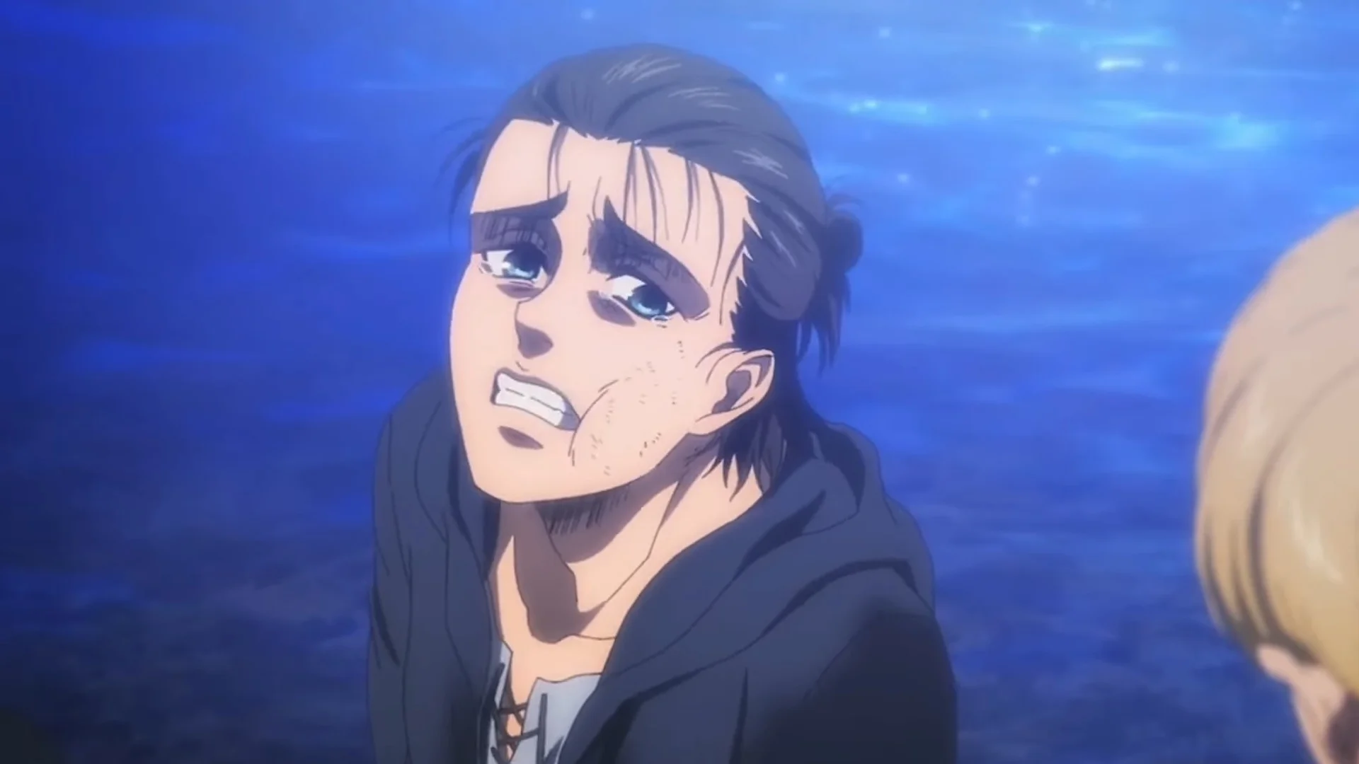 Eren Crying — Eren Yeager crying with clenched teeth against blue ocean background from Attack on Titan.