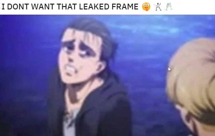 Social media post of leaked blurry Eren crying anime frame with reaction text.