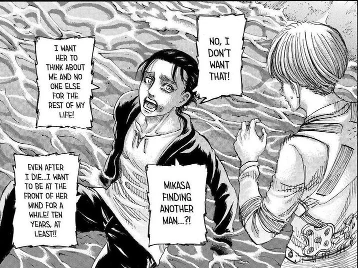 Attack on Titan manga panel of Eren crying while confessing feelings about Mikasa to Armin.