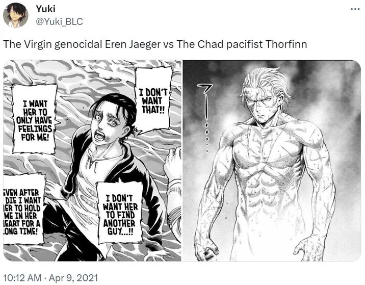 Tweet comparing virgin Eren crying confession to chad Thorfinn from Vinland Saga.