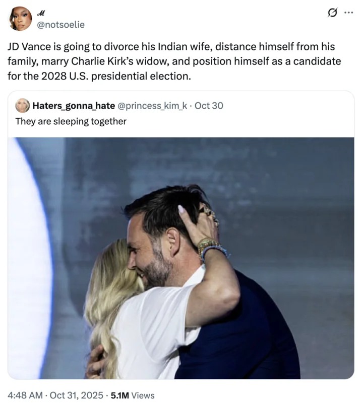 Erika Kirk And Jd Vance Romance Rumors — Twitter screenshot outlining conspiracy theory about divorce and 2028 candidacy.