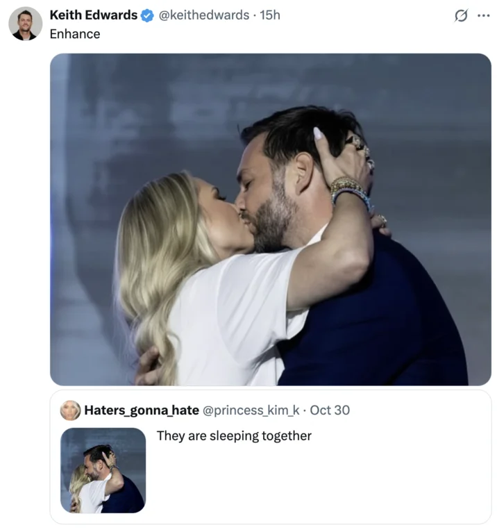 Erika Kirk And Jd Vance Romance Rumors — Twitter screenshot with 'Enhance' caption and original embrace photo.