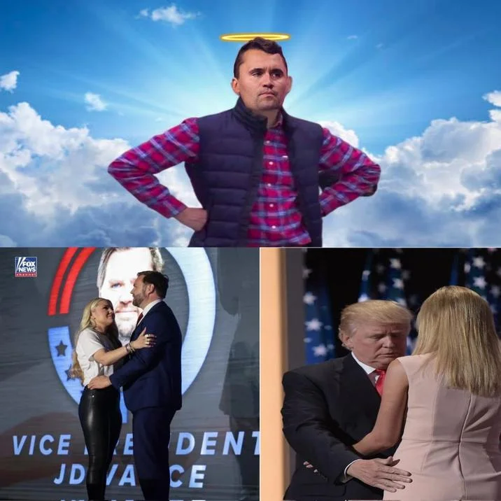 Erika Kirk And Jd Vance Romance Rumors — Three-panel meme with J.D. Vance as angel on top and embrace photos below.