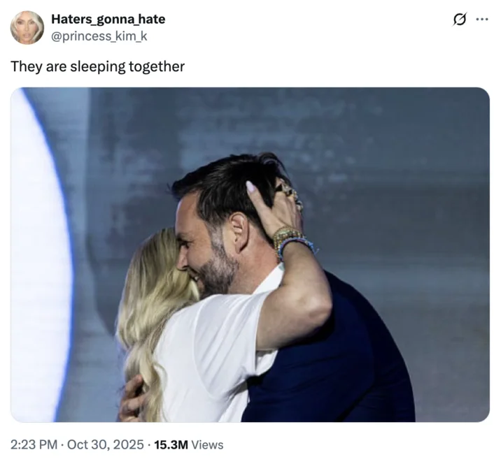 Erika Kirk And Jd Vance Romance Rumors — Twitter screenshot showing embrace between two people in formal attire with accusation text.