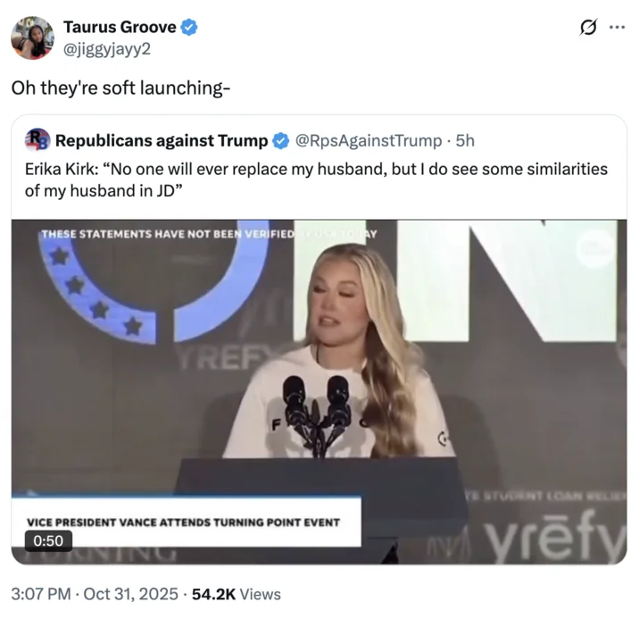 Erika Kirk And Jd Vance Romance Rumors — Twitter screenshot joking about 'soft launching' with embrace photo and quote.