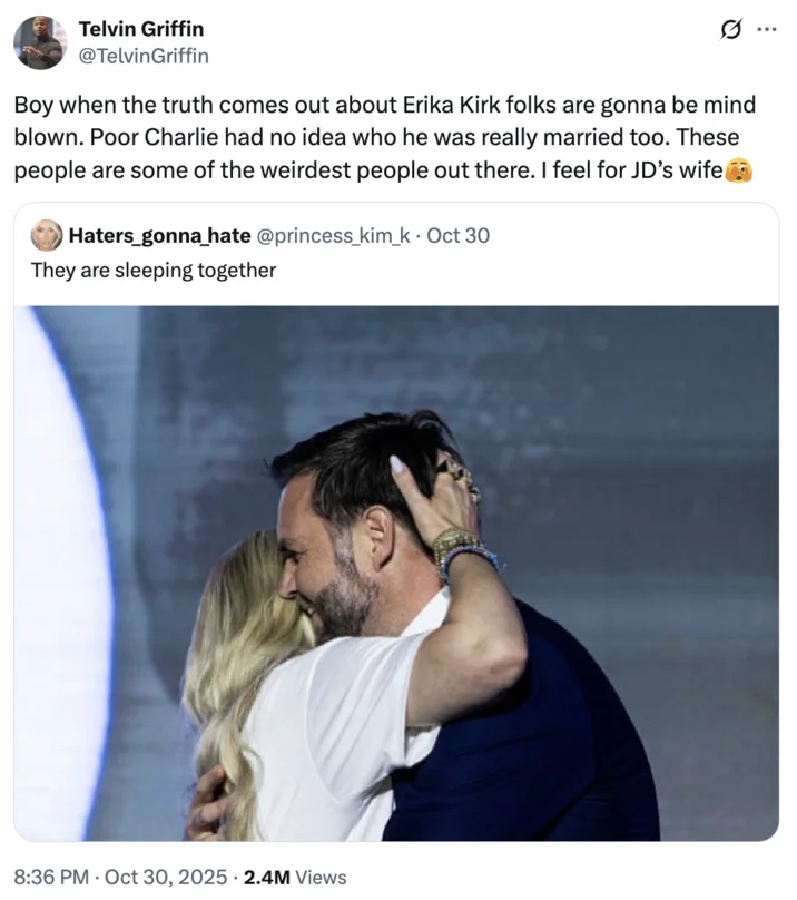 Erika Kirk And Jd Vance Romance Rumors — Twitter screenshot discussing meme and conspiracy theories with original post quote.