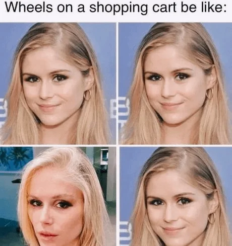 Erin Moriarty Plastic Surgery — Four-panel shopping cart wheels meme comparing Erin Moriarty photos over time