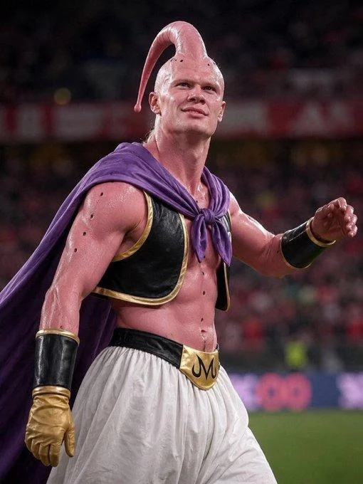 Erling Haaland Majin Buu Comparisons — Photoshopped image of Erling Haaland dressed as Majin Buu on a football field