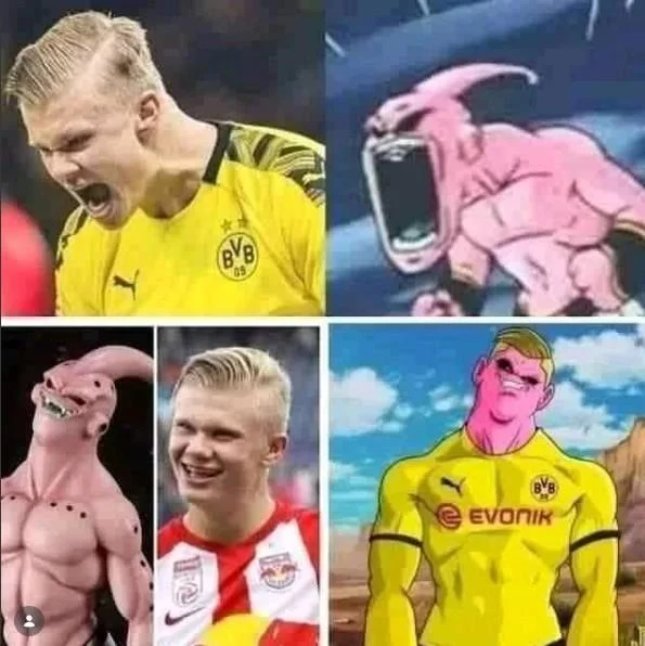 Erling Haaland Majin Buu Comparisons — Collage comparing Haaland photos with Majin Buu wearing Dortmund kits
