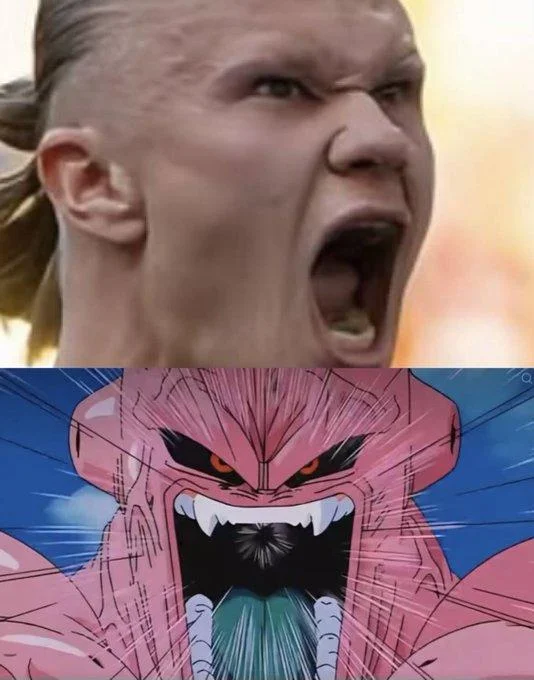 Erling Haaland Majin Buu Comparisons — Erling Haaland yelling above an image of Majin Buu roaring