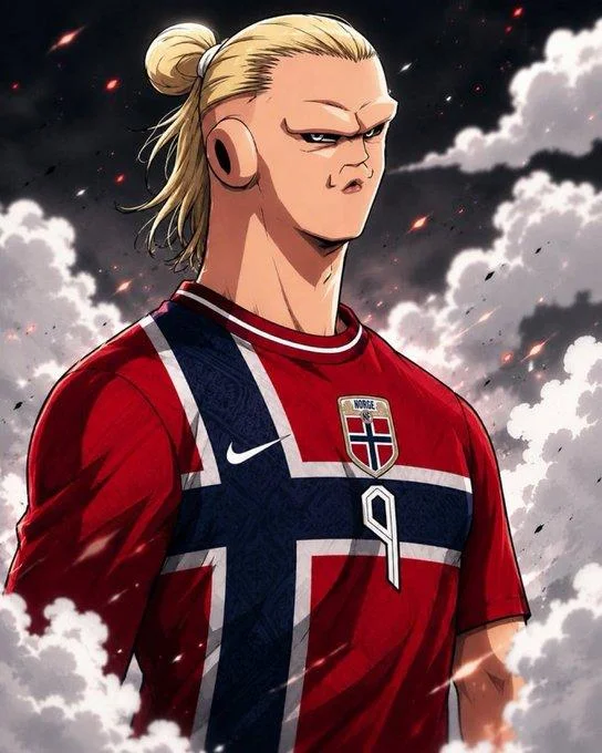 Erling Haaland Majin Buu Comparisons — Anime-style illustration of Erling Haaland in Norway jersey with Majin Buu features