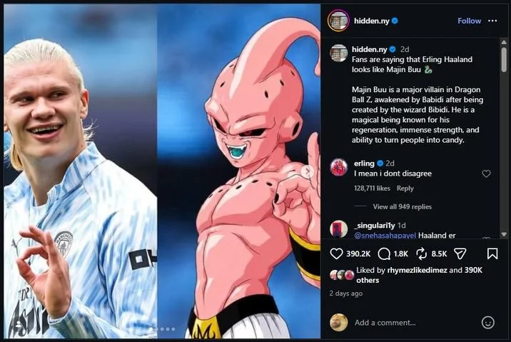 Erling Haaland Majin Buu Comparisons — Instagram post comparing Erling Haaland to Majin Buu with caption about the resemblance