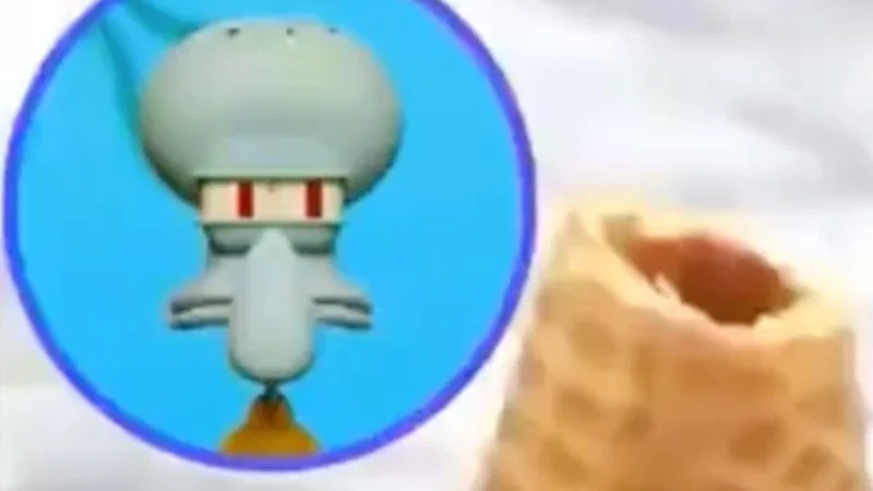 Erm What the Sigma — Split-screen image with Squidward in blue vignette on left and food item on right.