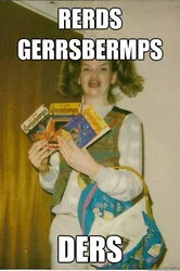 Ermahgerd — Girl with pigtails holding snacks with 'BERDS GERRSBERMS' phonetic text caption.