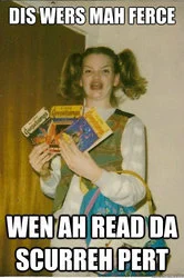 Ermahgerd — Girl with pigtails holding snacks with gaming culture reference text captions.
