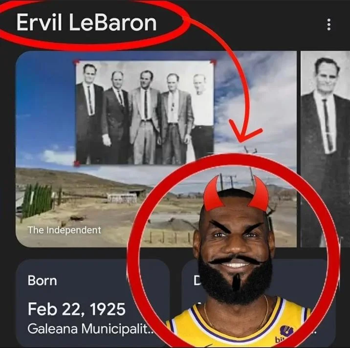Google knowledge panel for Ervil LeBaron with LeBron James's face and red devil horns circled in red.