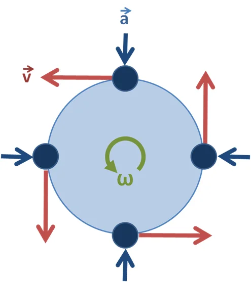 Escalator Spin — Educational diagram of uniform circular motion with velocity and acceleration vectors.