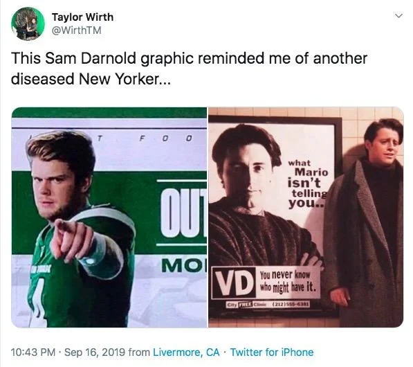 ESPN's "Sam Darnold: Out Indefinitely" Graphic — Tweet comparing Sam Darnold graphic to a Friends VD poster scene