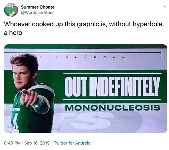 ESPN's "Sam Darnold: Out Indefinitely" Graphic — Tweet praising the creator of the Sam Darnold ESPN graphic