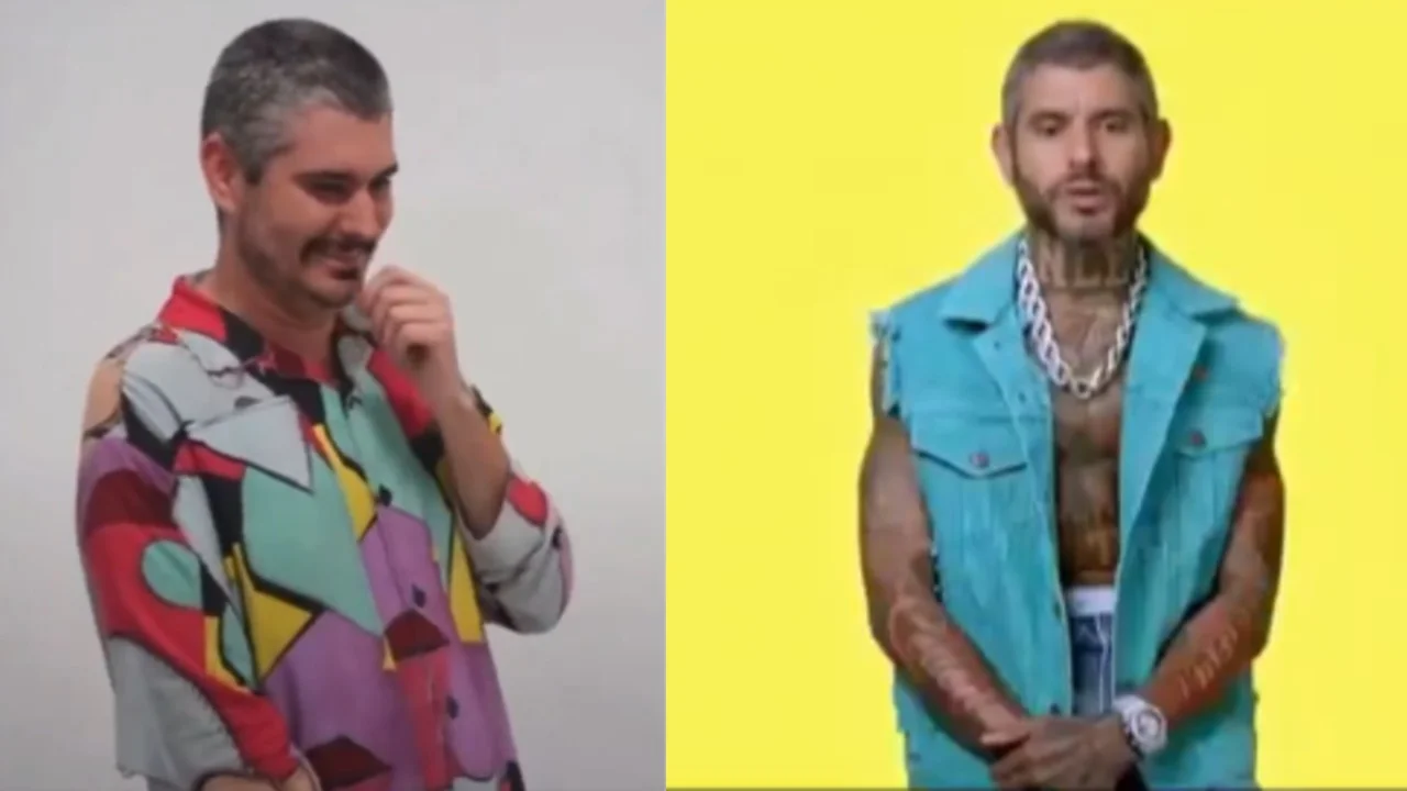 Ethan Klein AI Edits — Side-by-side comparison of Ethan Klein in a colorful shirt next to an AI-edited version with tattoos, chains, and a denim vest