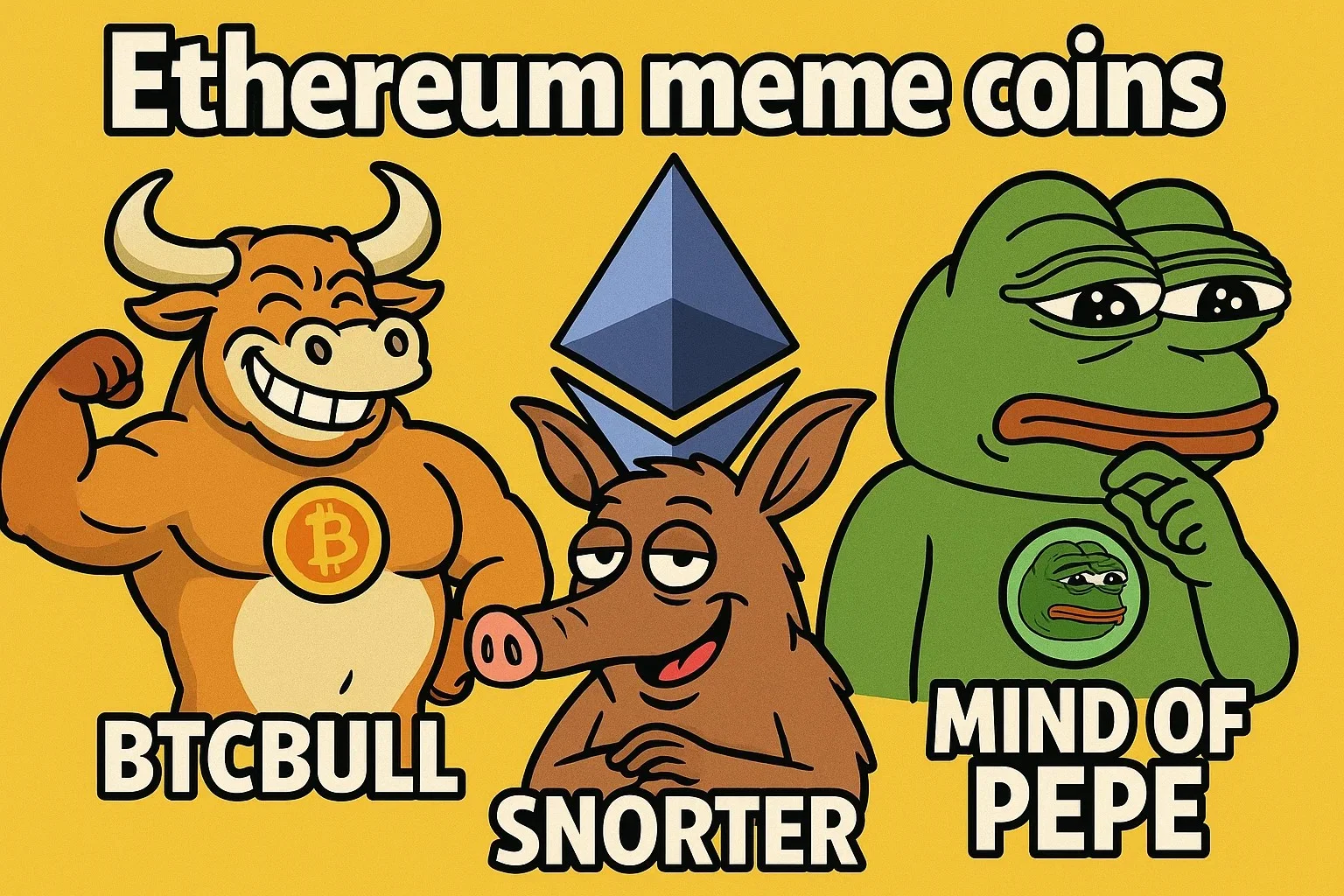 Ethereum Logo — Ethereum diamond logo surrounded by anthropomorphic meme coin characters on yellow background.