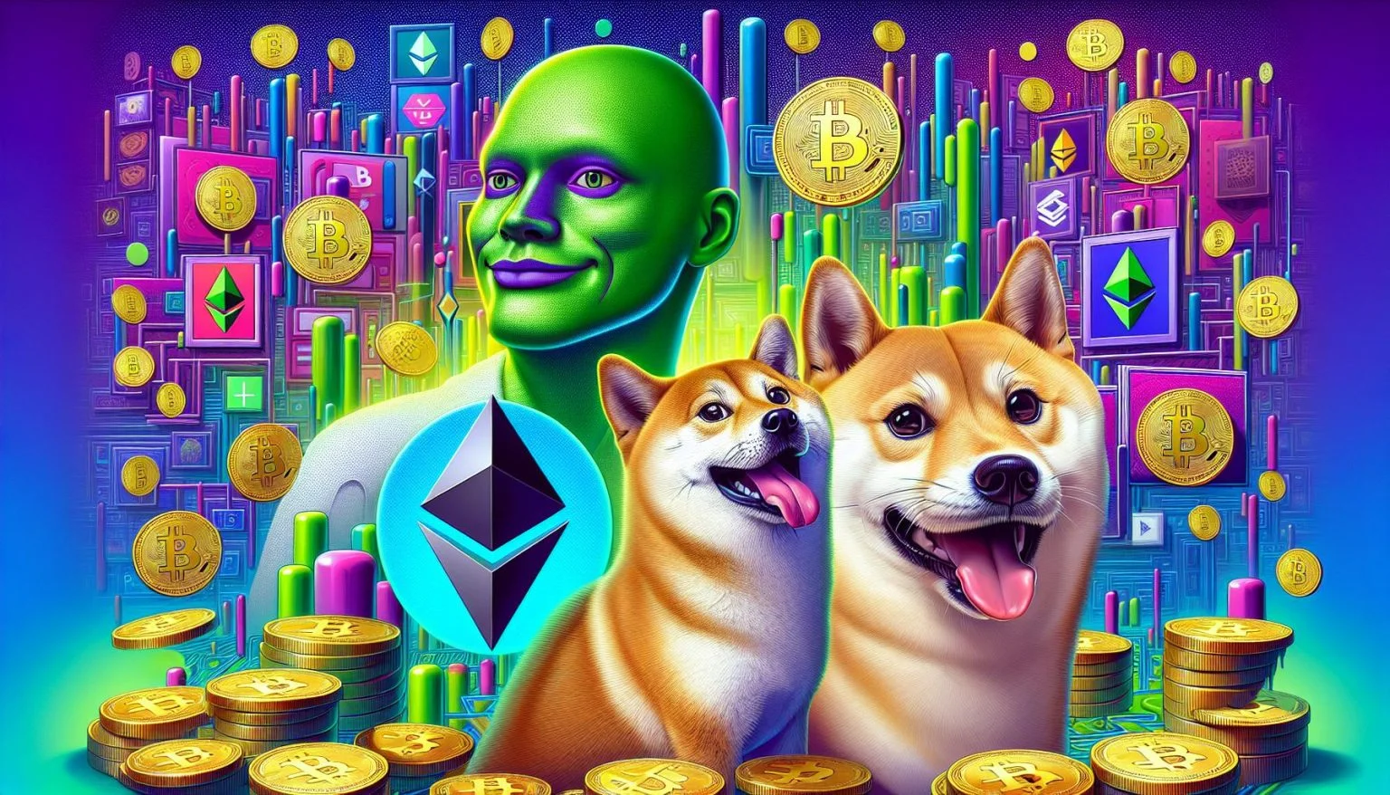 AI-generated surreal composition with Ethereum logo, Shiba Inu dogs, and neon cityscape.