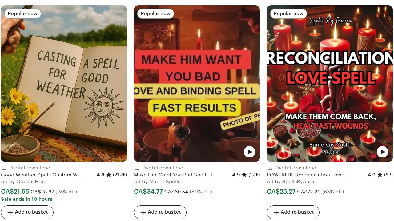 Etsy Witch — Three Etsy listings for weather, love binding, and reconciliation spells with prices and ratings