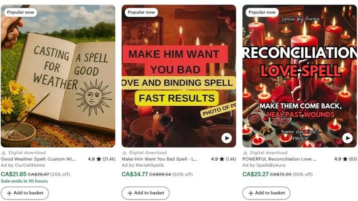 Thumbnail of three Etsy witch spell listings for weather, love, and reconciliation spells