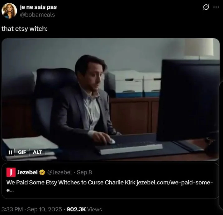 Tweet captioned 'that etsy witch' with GIF of a man working at a computer in an office