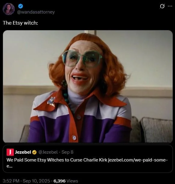 Tweet captioned 'The Etsy witch' featuring red-haired woman in oversized glasses meme image