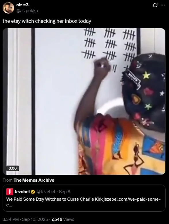 Tweet showing person tallying marks on a wall captioned 'the etsy witch checking her inbox today'