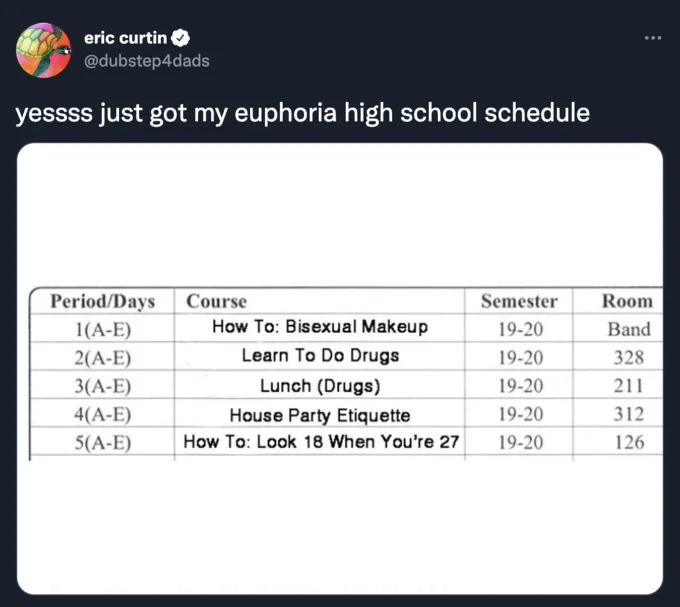Tweet showing a fake Euphoria high school class schedule with absurd courses