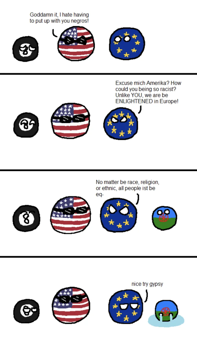 Europeans vs. Romani People — Countryballs comic showing EU lecturing USA about racism before dismissing a Romani countryball.