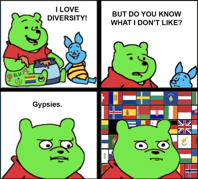 Europeans vs. Romani People — Green Winnie the Pooh meme professing love for diversity before frowning at Gypsies next to European flags.
