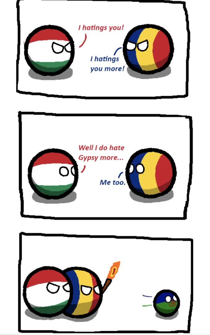 Europeans vs. Romani People — Countryballs comic where Hungary and Romania stop arguing to attack a Romani countryball with a torch.