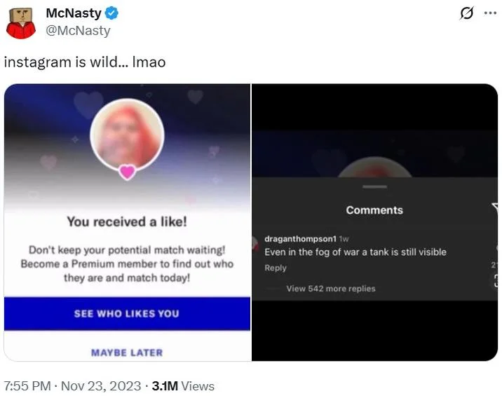 Even In The Fog Of War A Tank Is Still Visible — A post by Twitter user @McNasty. The post shares a like notification from a dating app with a blurry faced