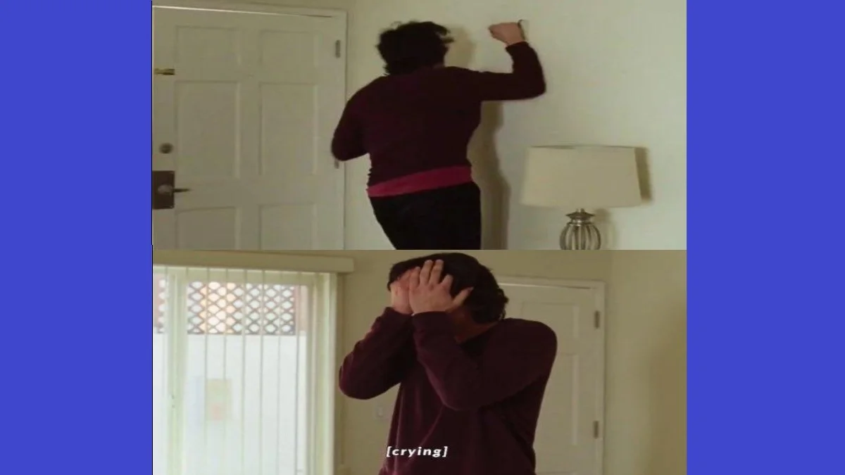 Every Day I Wake Up — Two-panel meme template showing a person punching a wall then covering their face while crying.