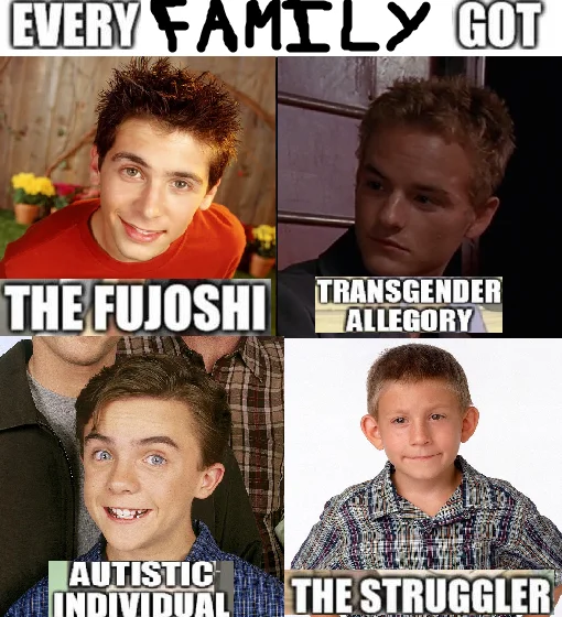 Every Friend Group Got The Fujoshi — Four-panel Malcolm in the Middle meme labeled Every Family Got with The Fujoshi, Transgender Allegory, Autistic